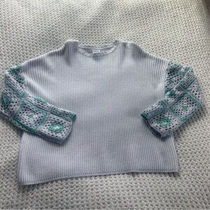 Women's Light Blue Sweater with Crochet Sleeves